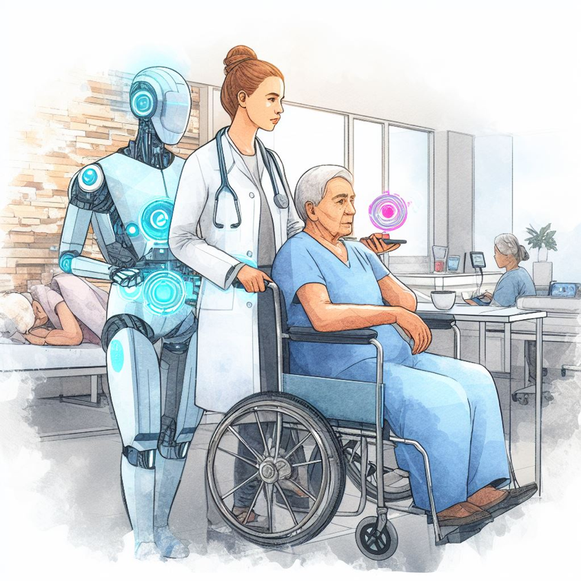 An AI-generated drawing of a robot following a female doctor pushing an elderly woman in a wheelchair. This image was created using a free version of Bing Image Creator (https://www.bing.com/create) that runs on a text-to-image conditional diffusion model named DALL-E 3.