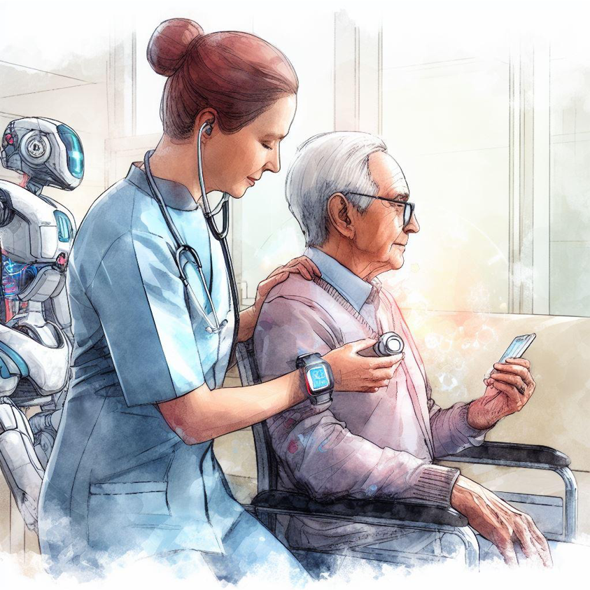 An AI-generated drawing of a robot following a female nurse listening to an elderly man's heart with a stethoscope. This image was created using a free version of Bing Image Creator (https://www.bing.com/create) that runs on a text-to-image conditional diffusion model named DALL-E 3.